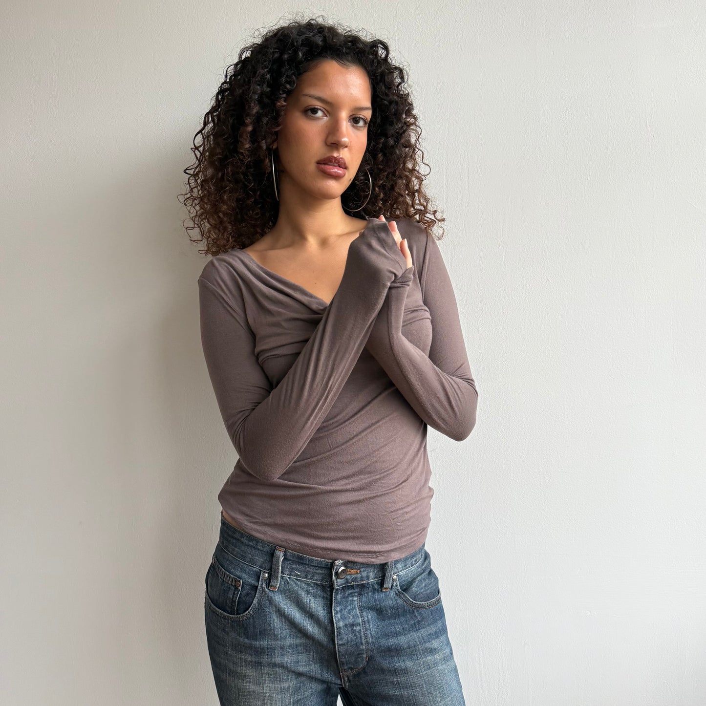 Taupe slouchy long sleeve cowl top - Size S/M