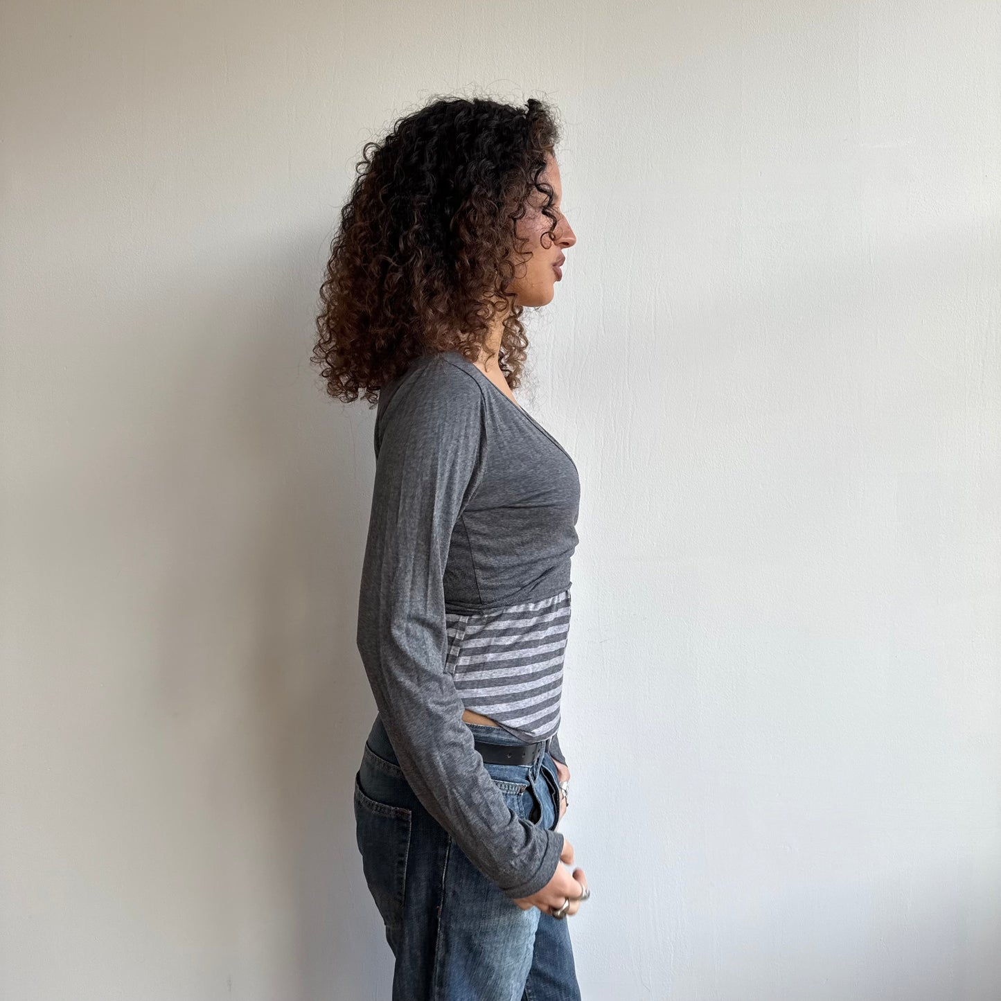 Grey striped wrap ballet top - Size M