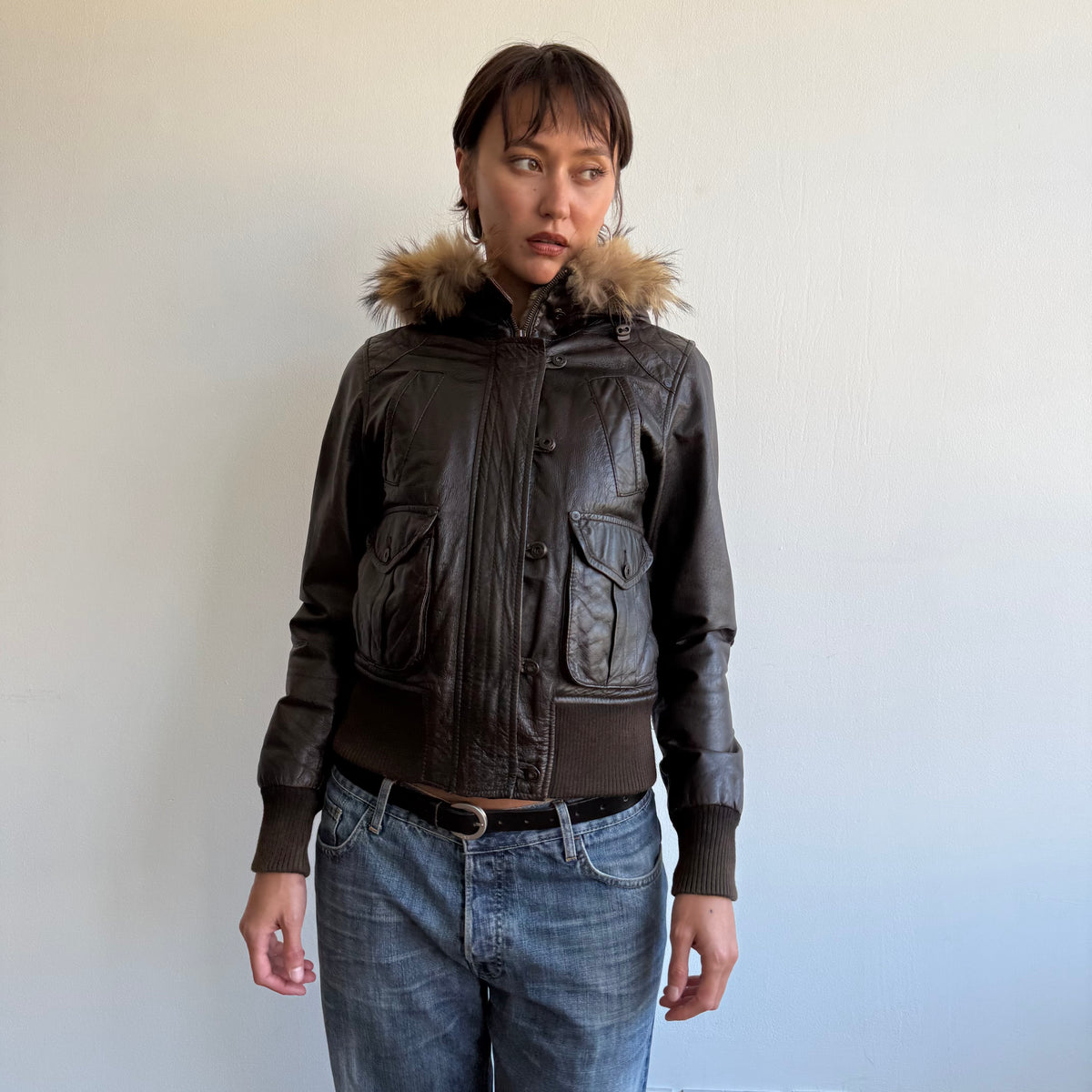 Brown leather fur hood bomber - Size S/M