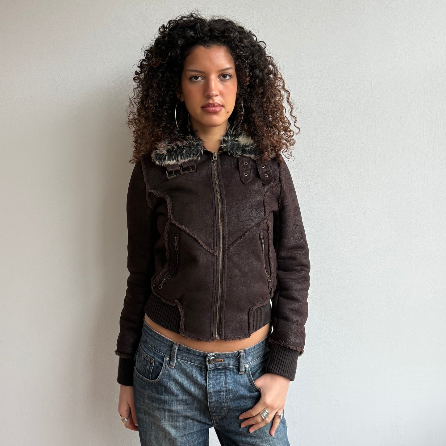 Brown faux suede fur collar bomber - Size S + M