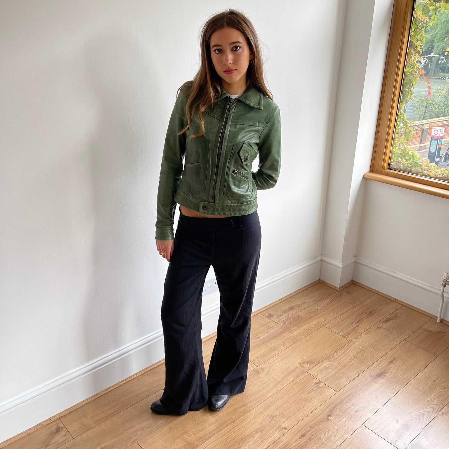 Green leather jacket - Size XS