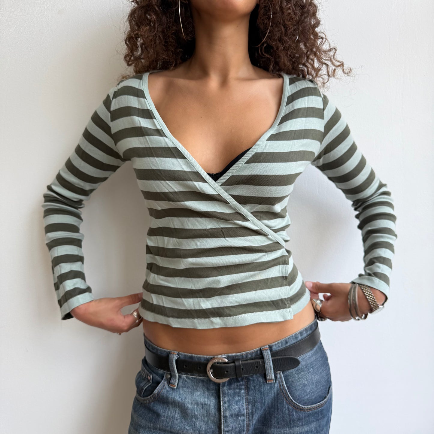 Green striped wrap tie-side top - Size S/M