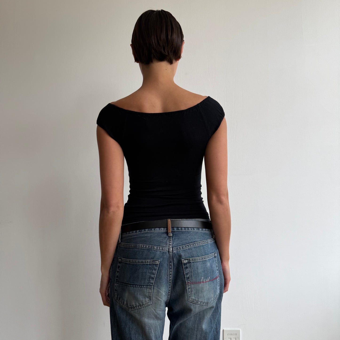 Black button bardot top - Size XS + S