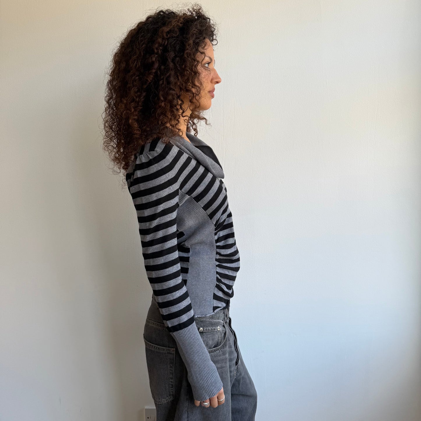 Grey + black striped cowl knit - Size S/M