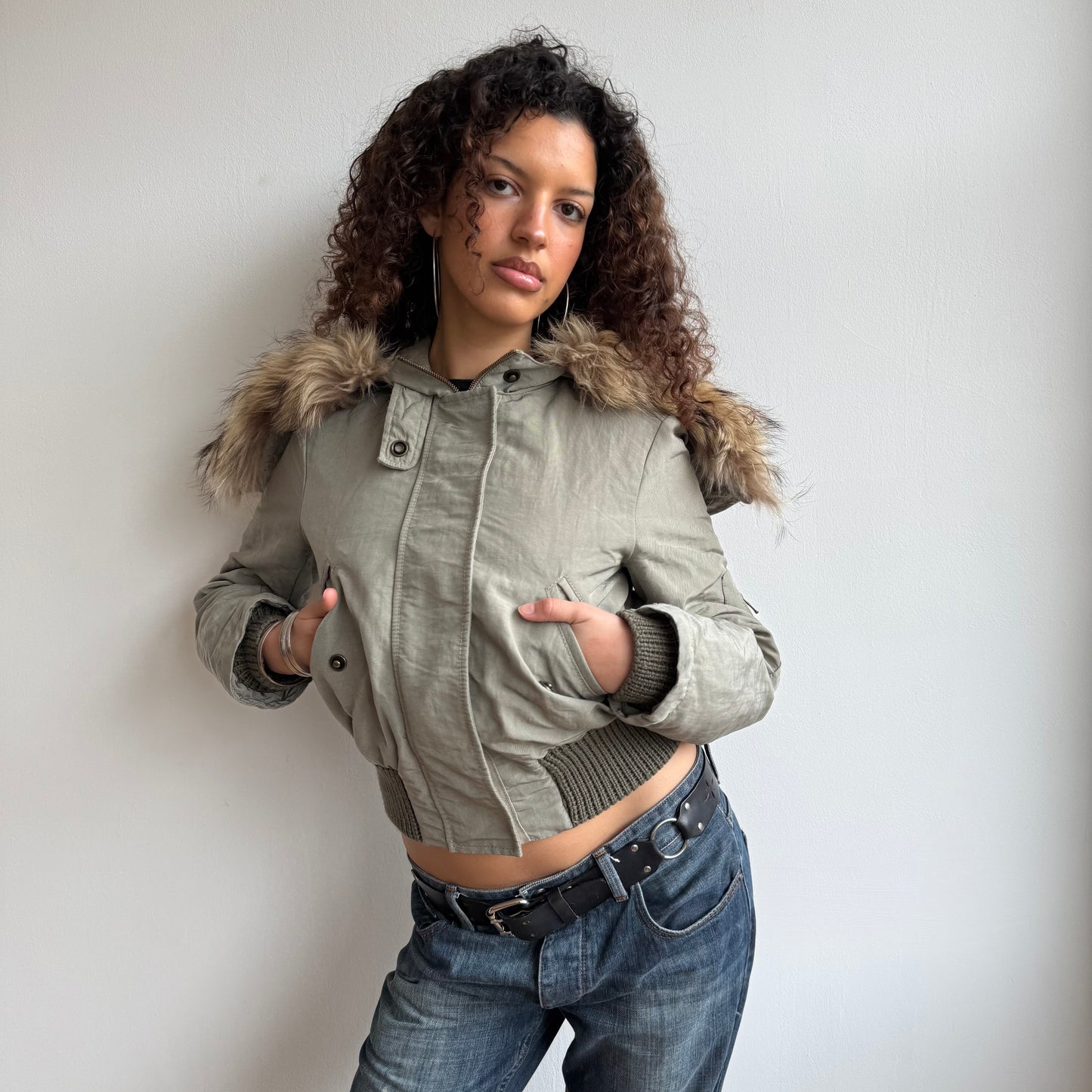 Khaki fur hood bomber - Size S