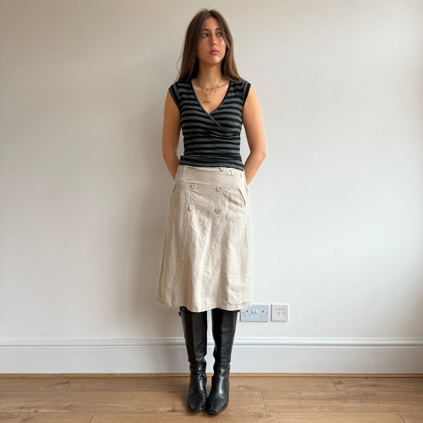 Beige linen midi skirt - Size S