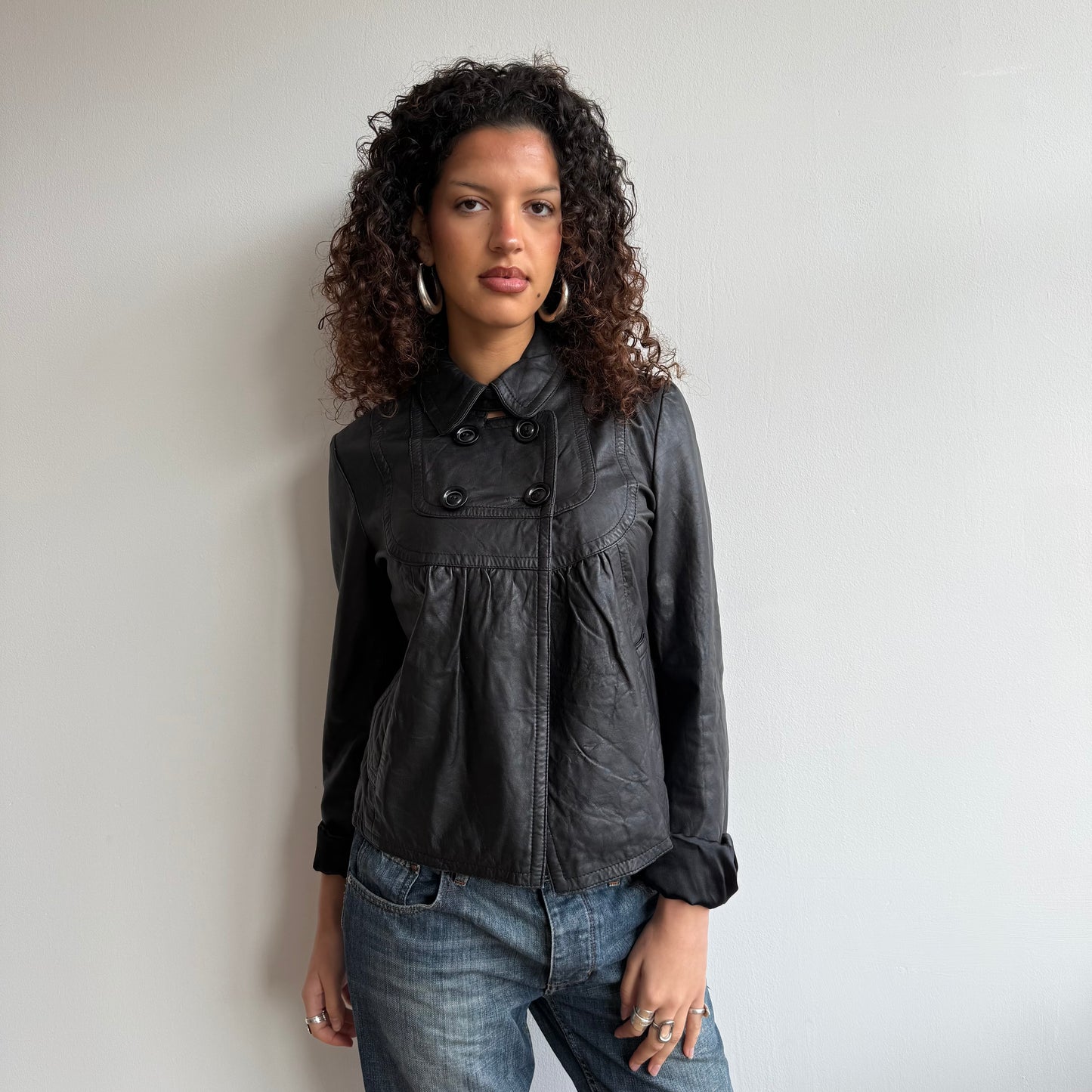 Black leather peacoat - Size M