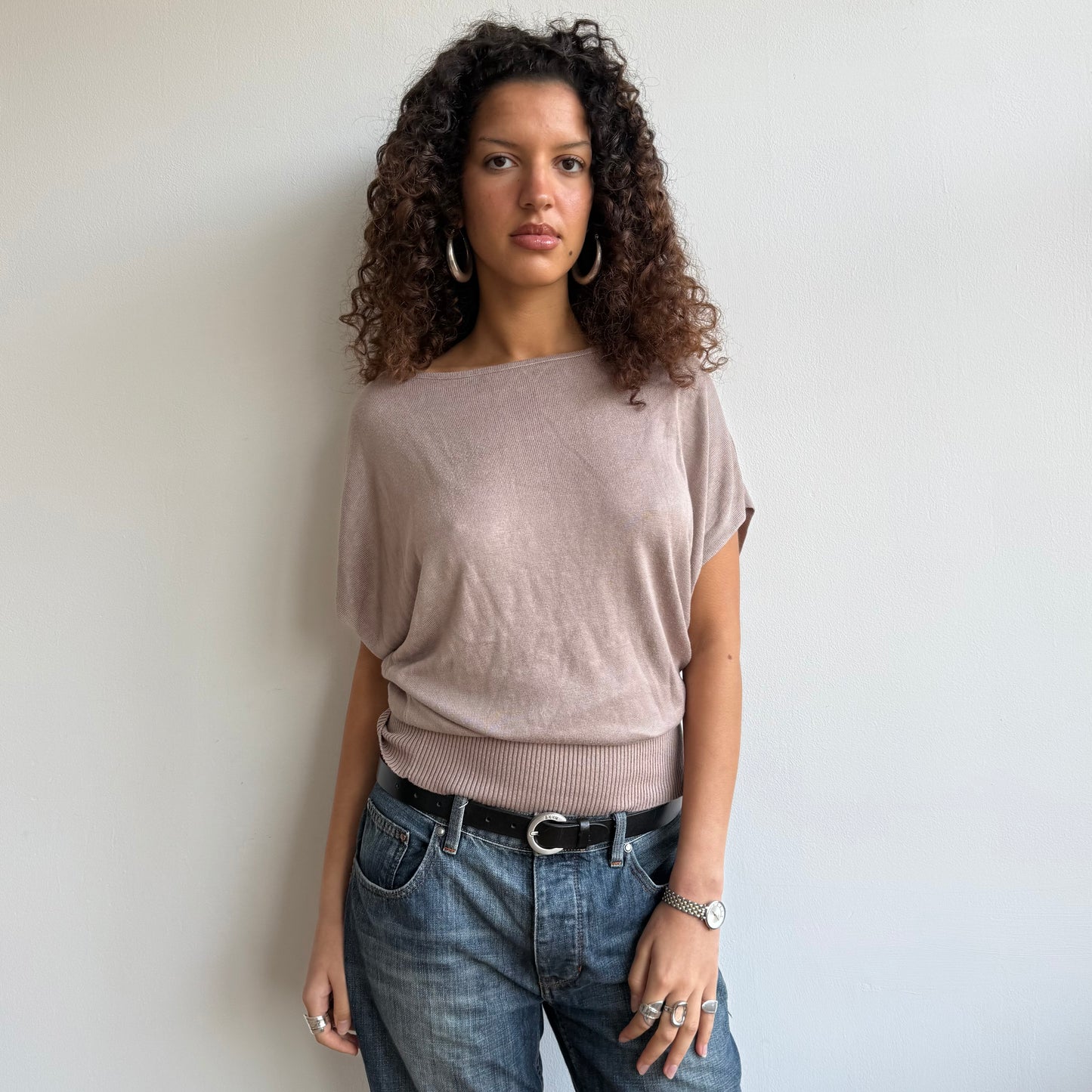 Beige short sleeve slouchy knit - Size M
