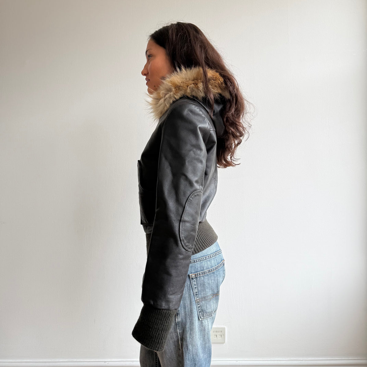 Black leather fur hood bomber - Size S
