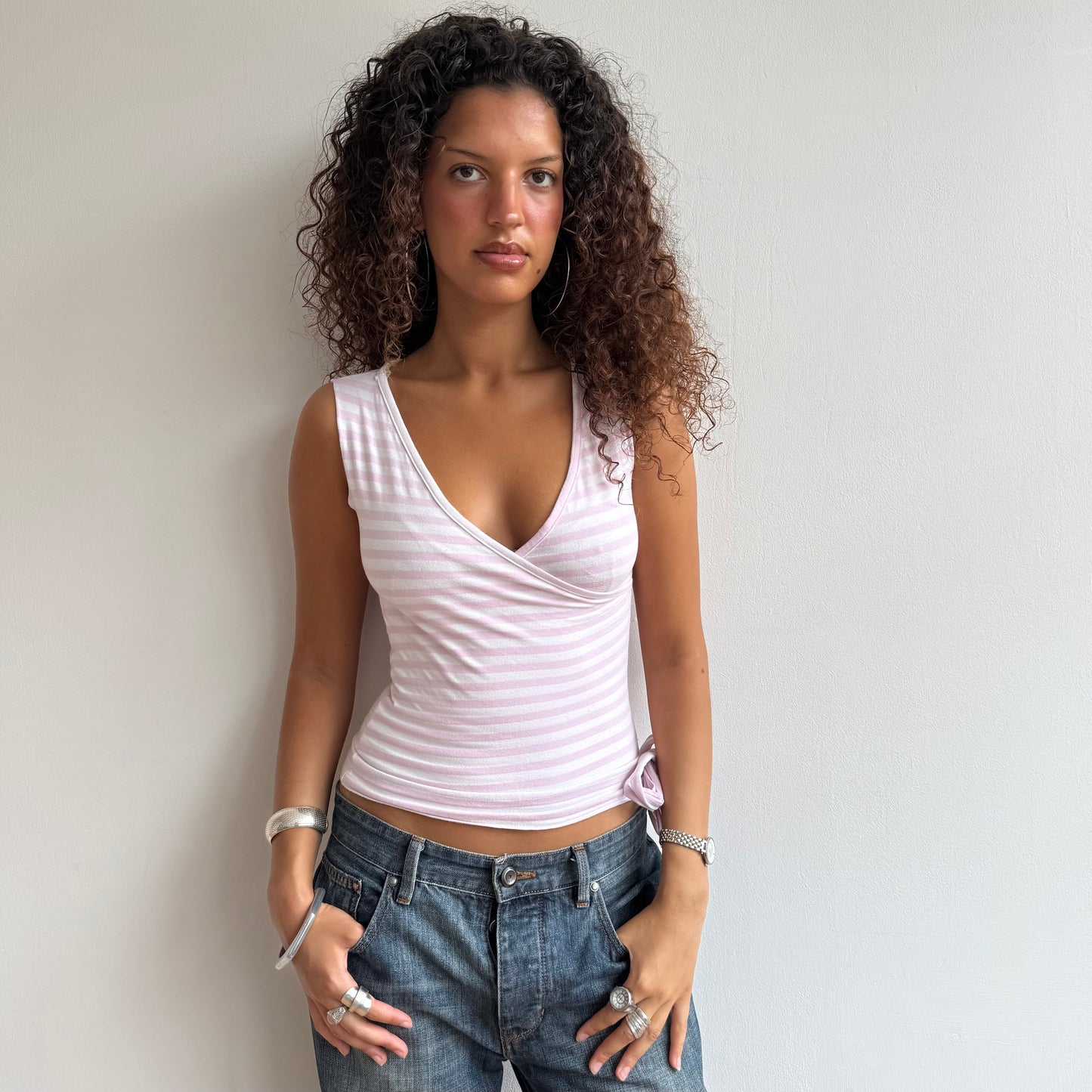 Pink and white striped wrap top - Size XS