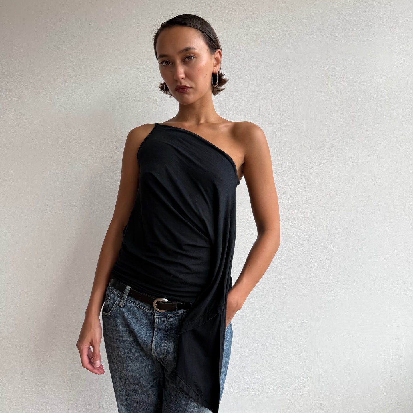 Black one shoulder long sleeve top - Size S