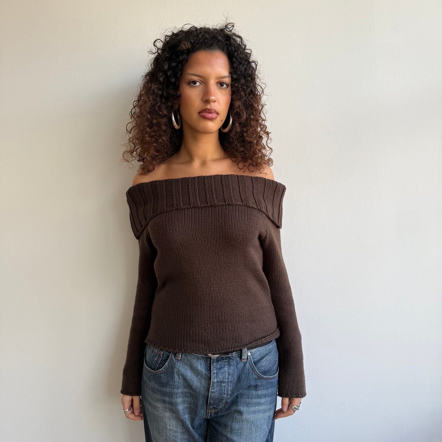Brown knit Bardot jumper - Size M