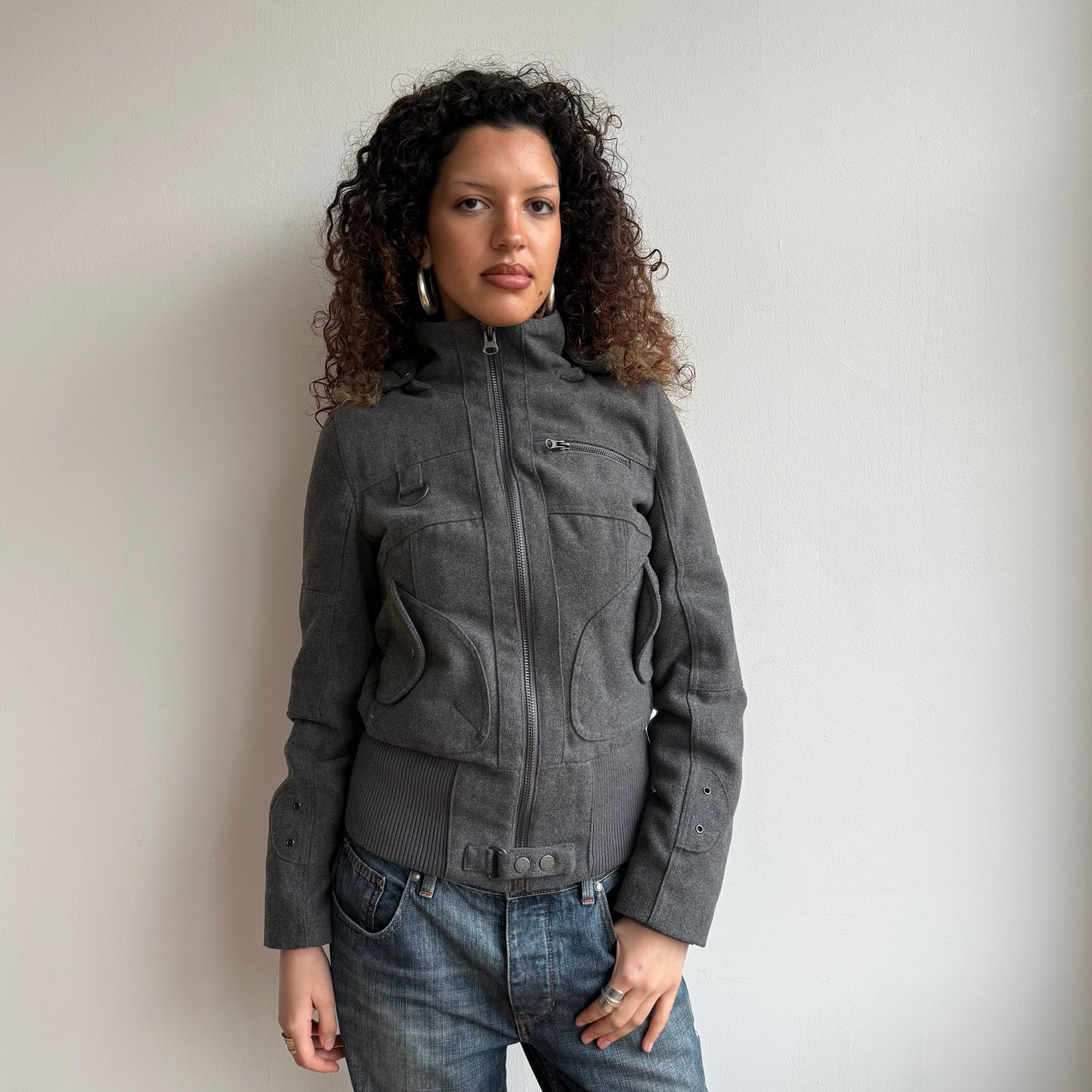 Grey faux fur hood bomber - Size S