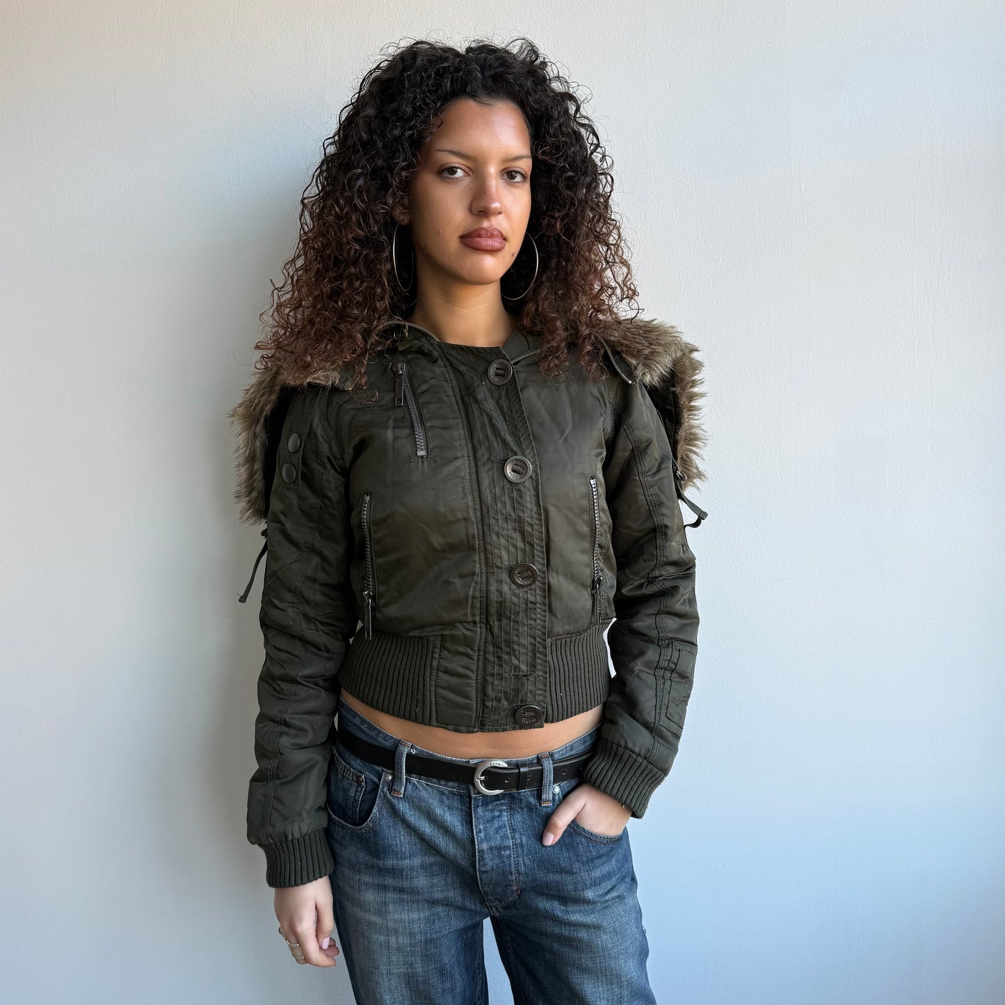 Khaki faux fur hood bomber - Size S