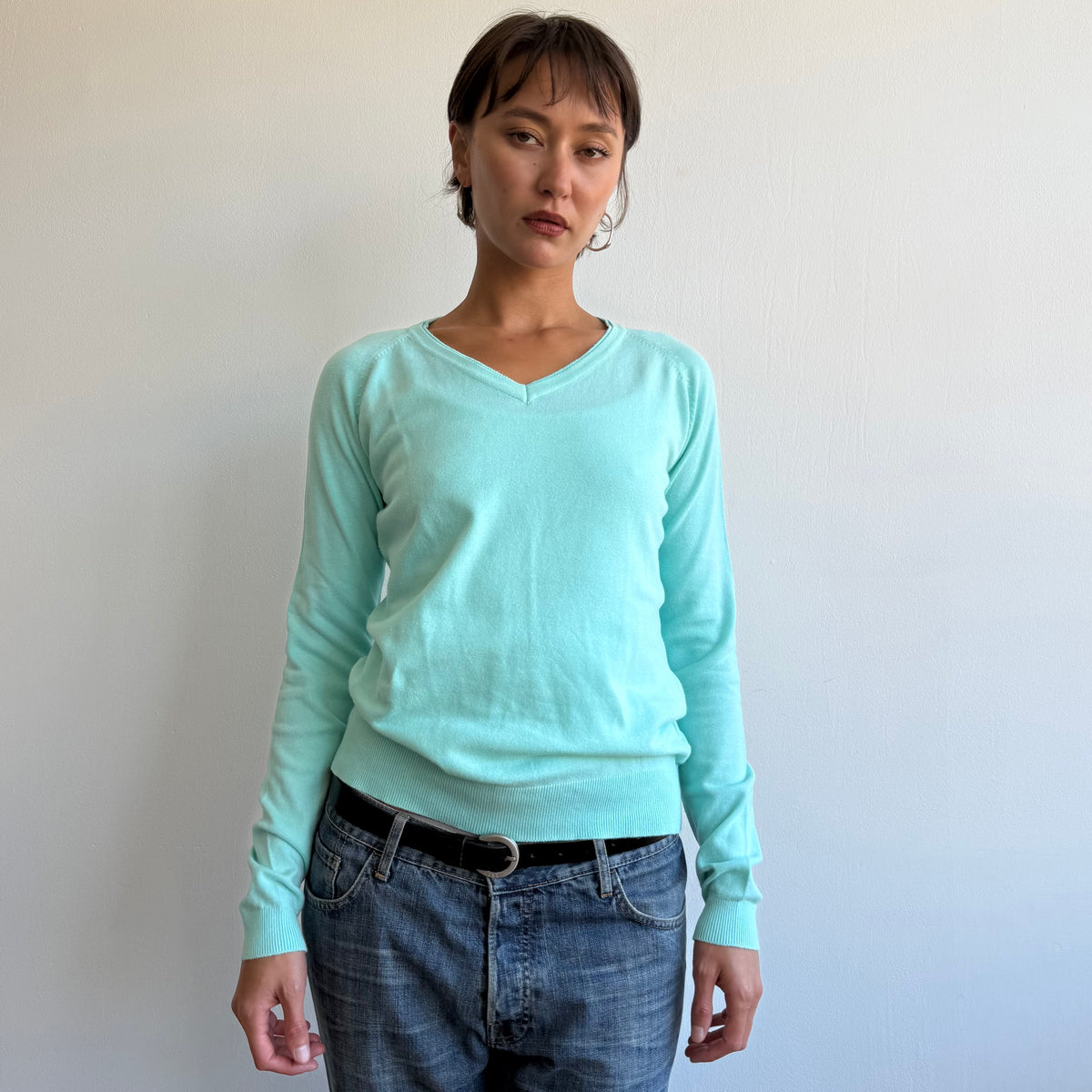 Turquoise v-neck knit jumper - Size M
