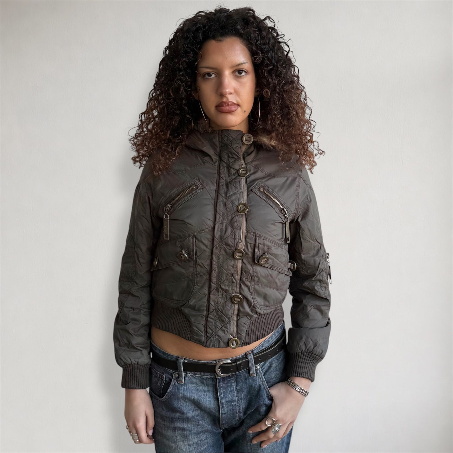 Brown padded faux fur hood - Size S