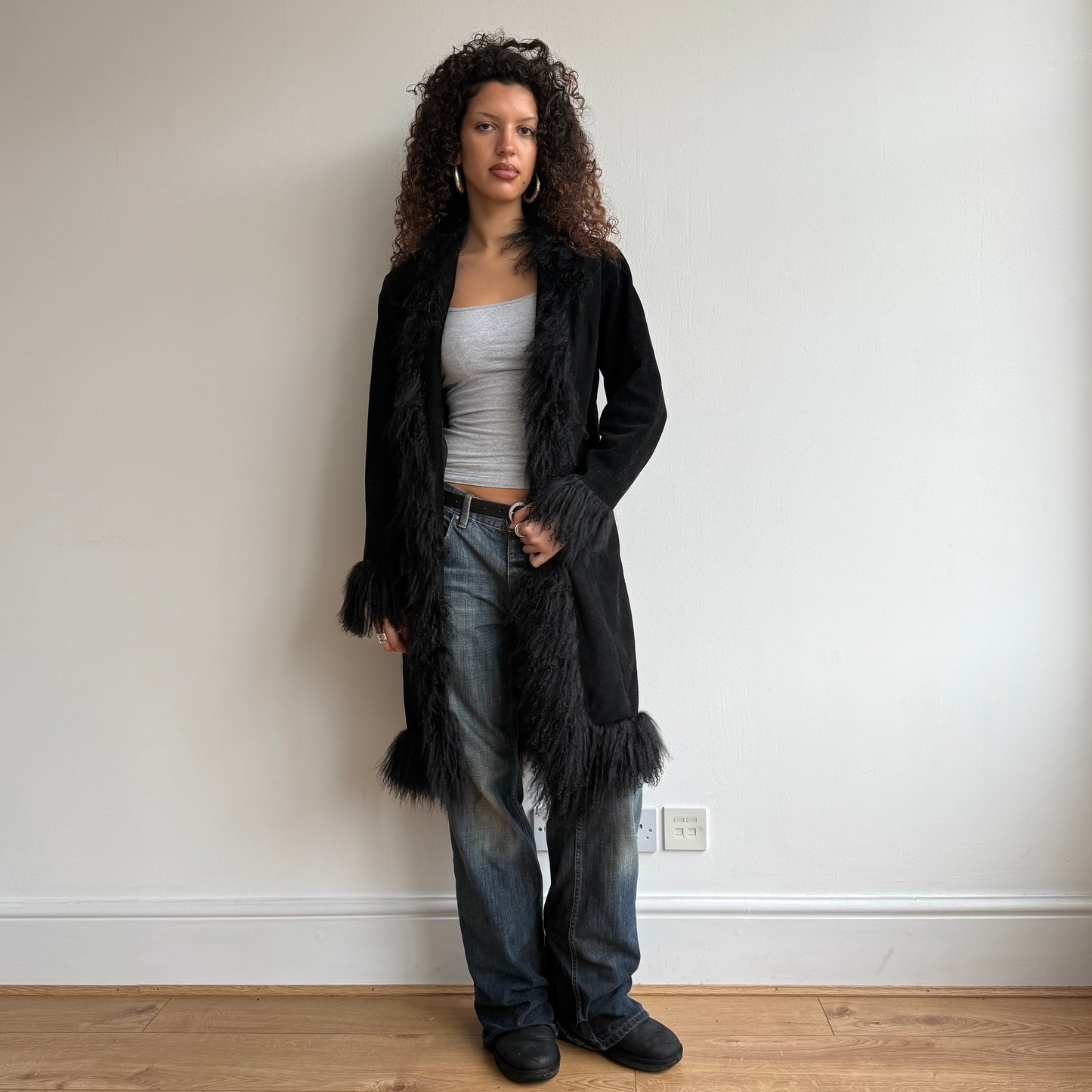 Black fur trim afghan coat - Size S/M