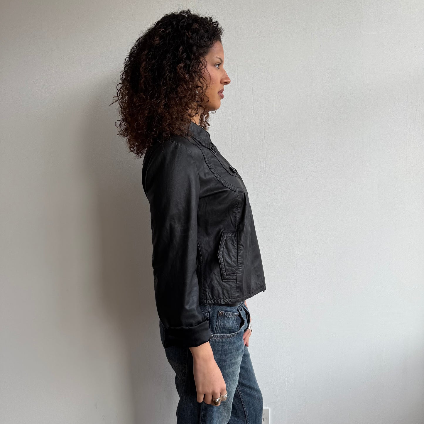 Black leather peacoat - Size M