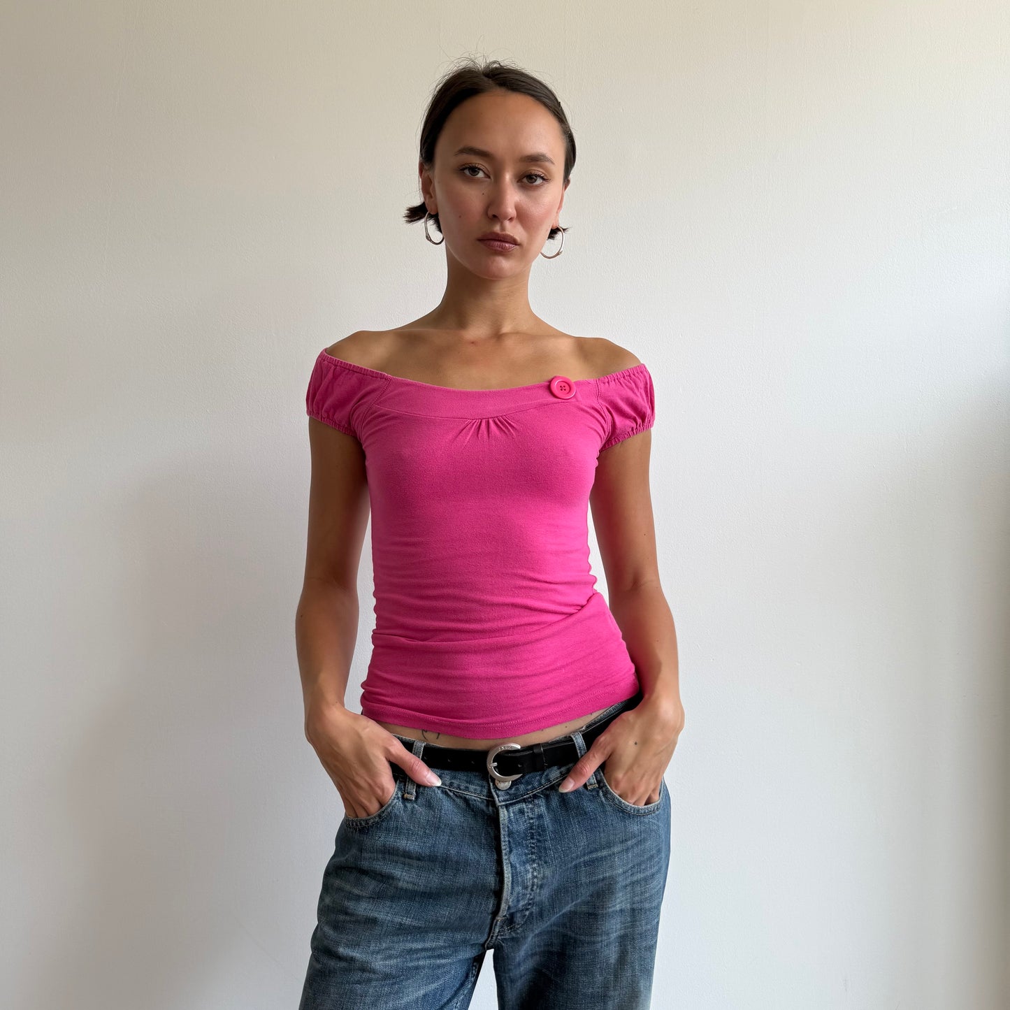 Hot pink button bardot top - Size S/M