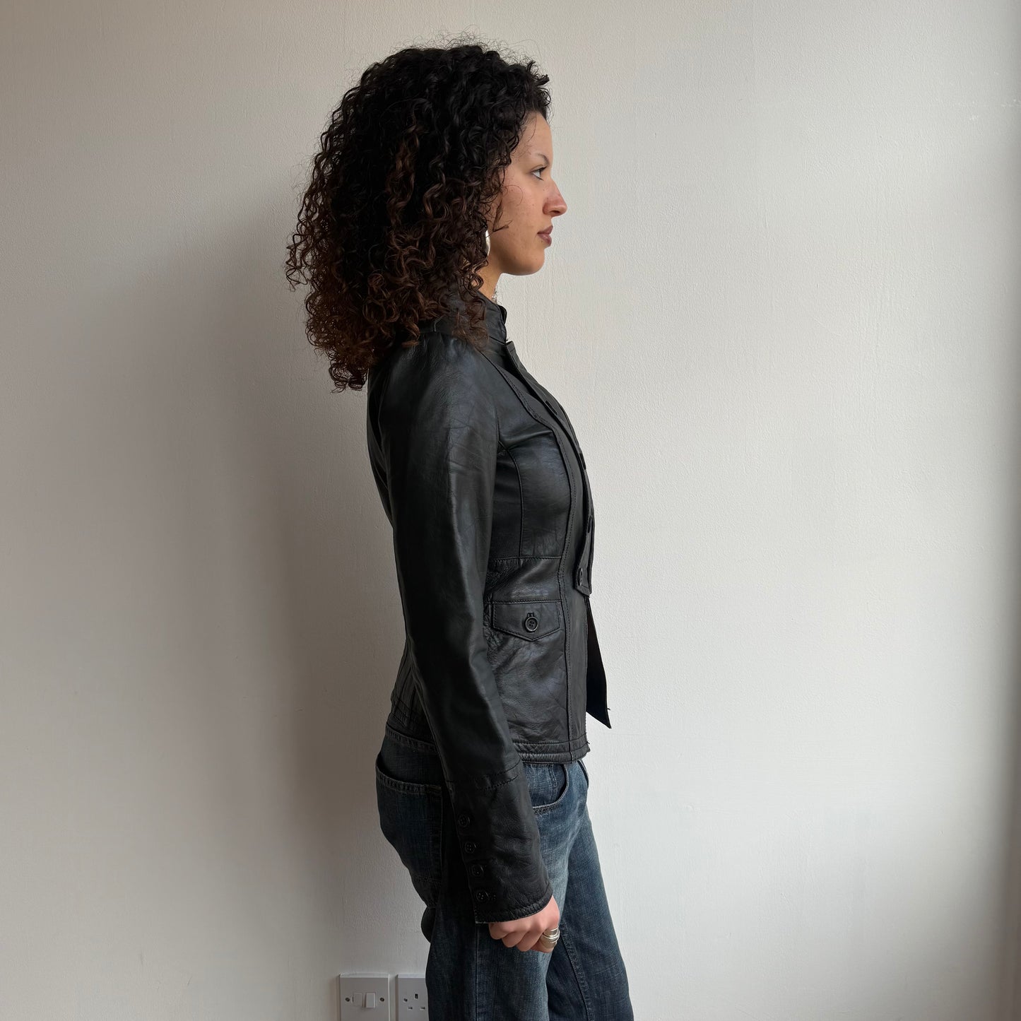 Black leather military jacket - Size S/M