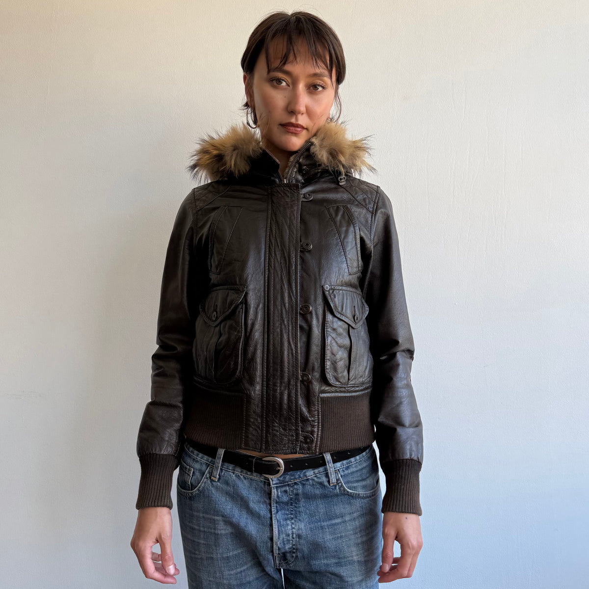 Brown leather fur hood bomber - Size S/M
