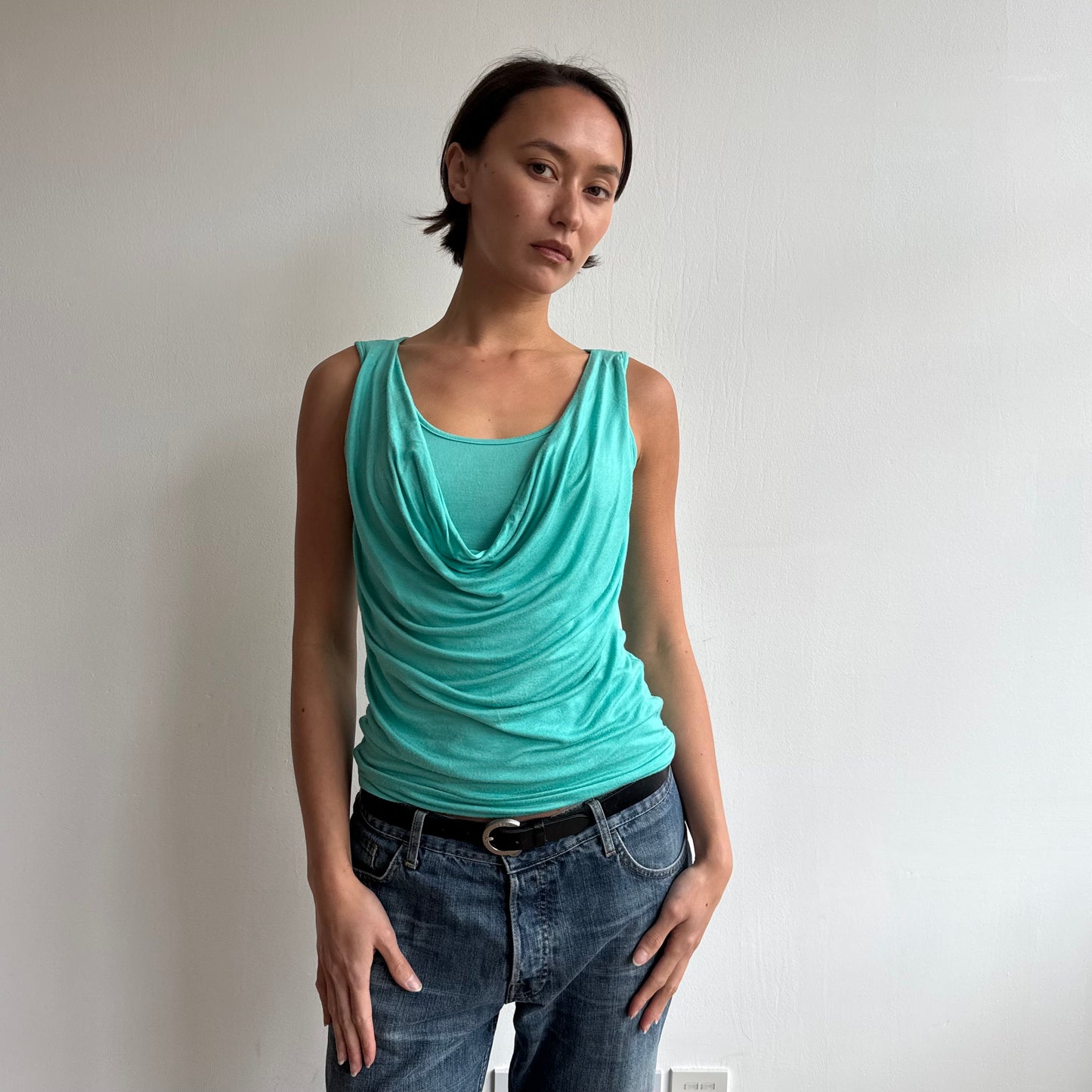 Teal double layer cowl top - Size S