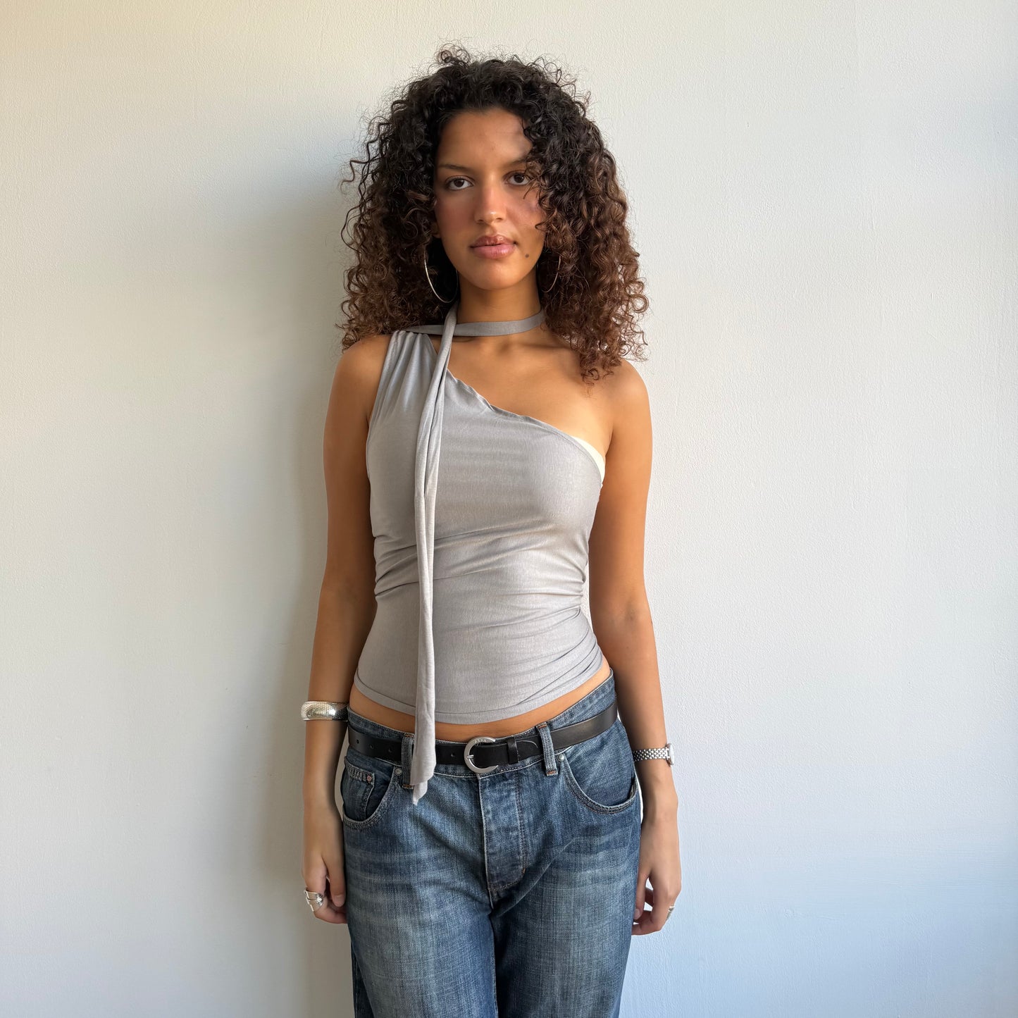 Grey neck tie top - Size XS