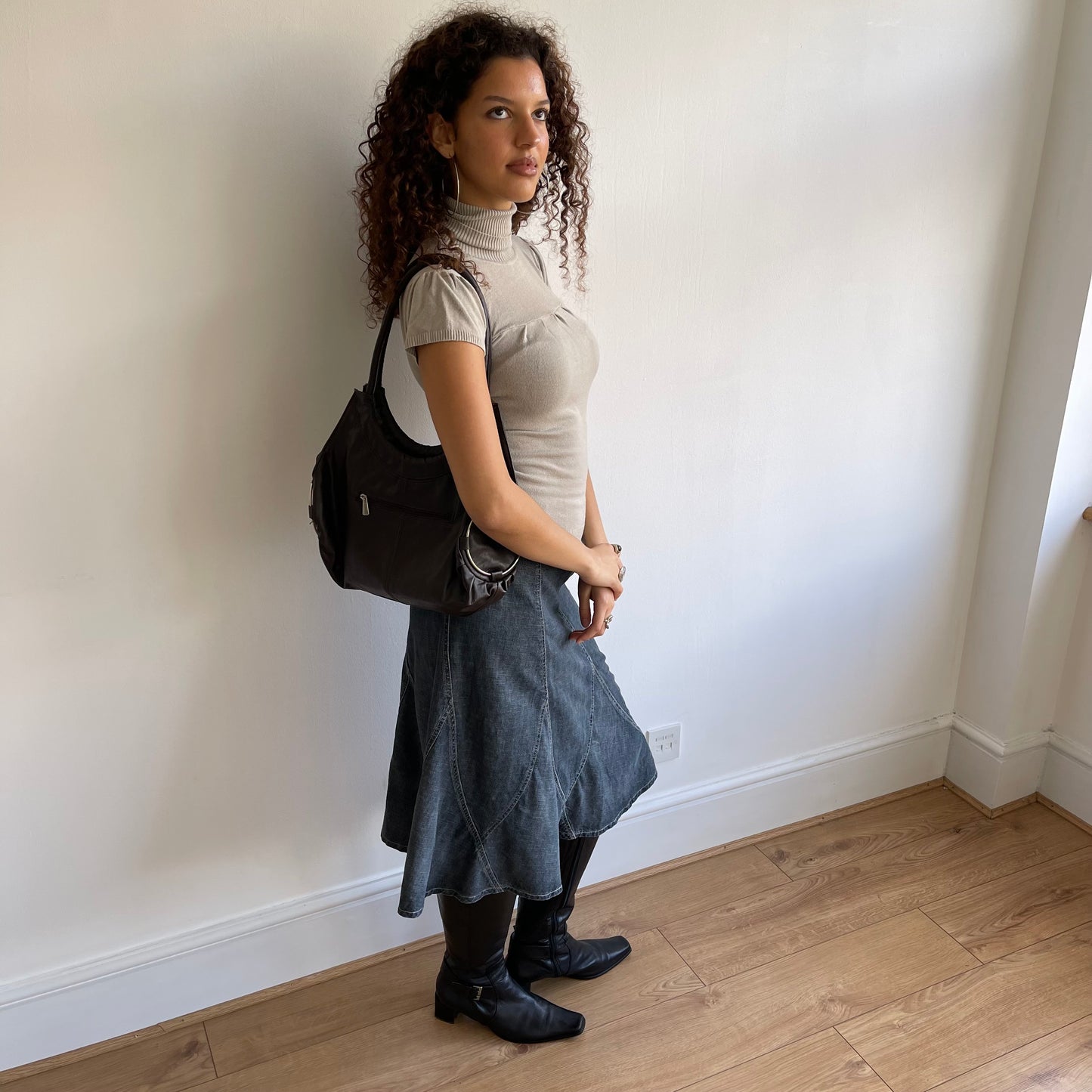 Brown leather ring hobo bag