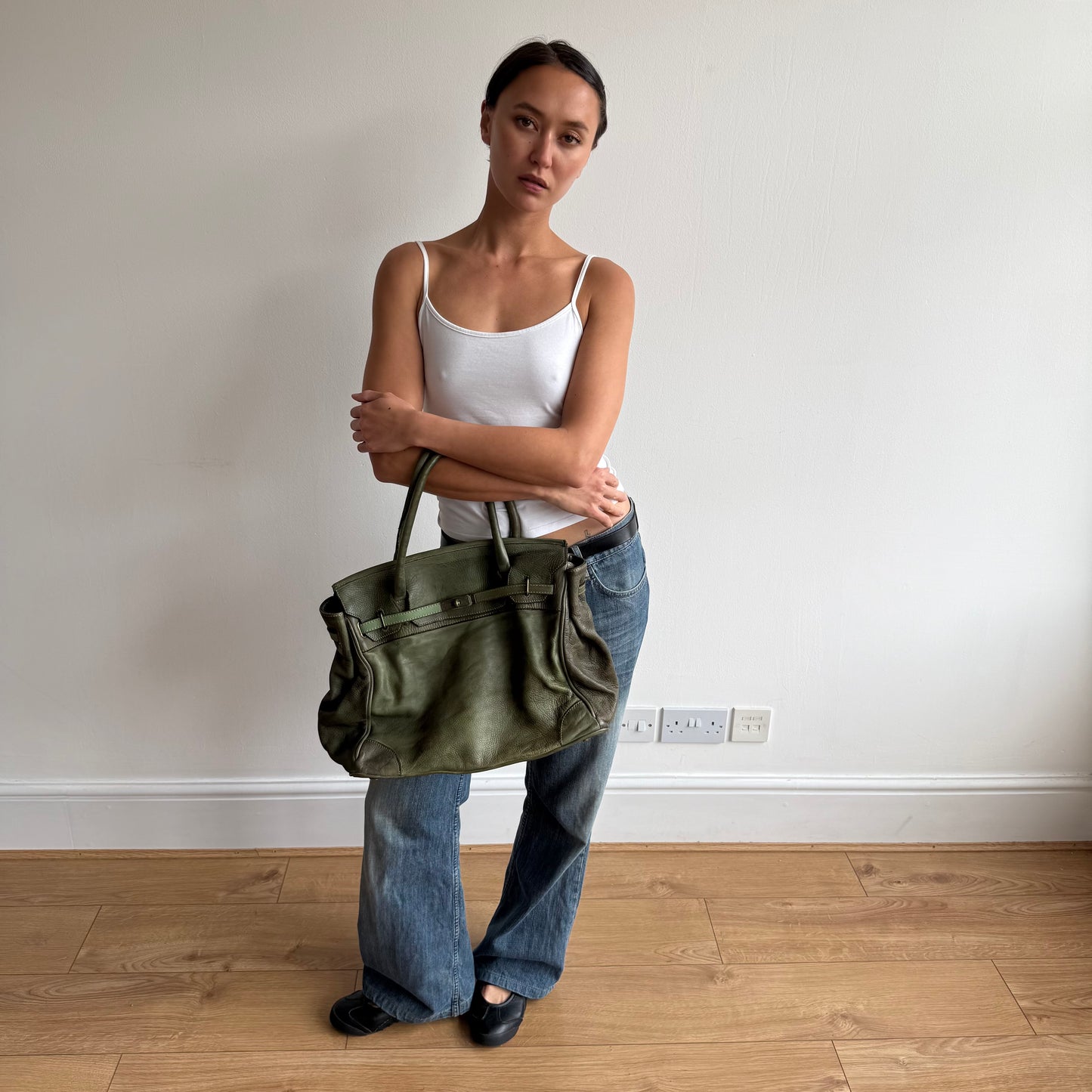 Moss green leather ‘firkin’ bag - One Size