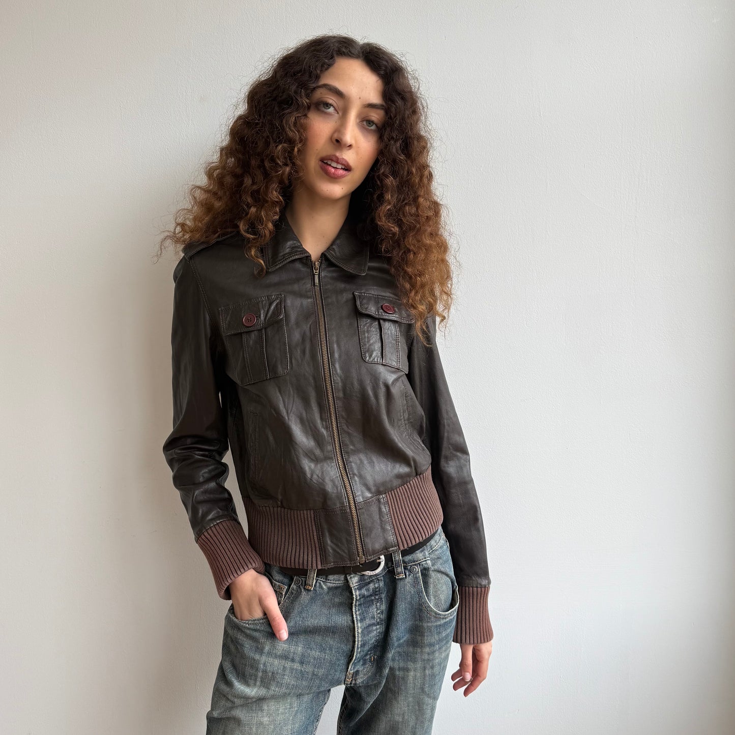Brown leather bomber jacket - Size S