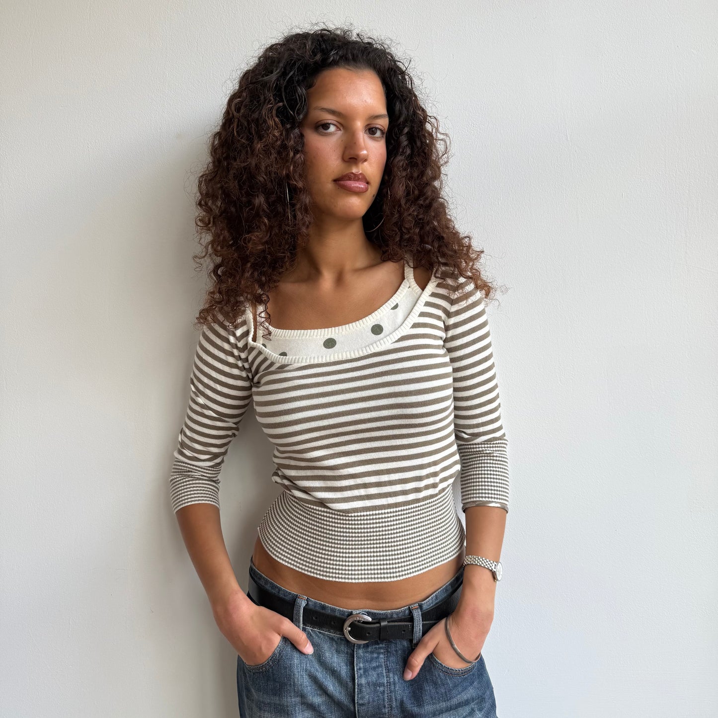 Khaki polka dot stripe knit - Size S