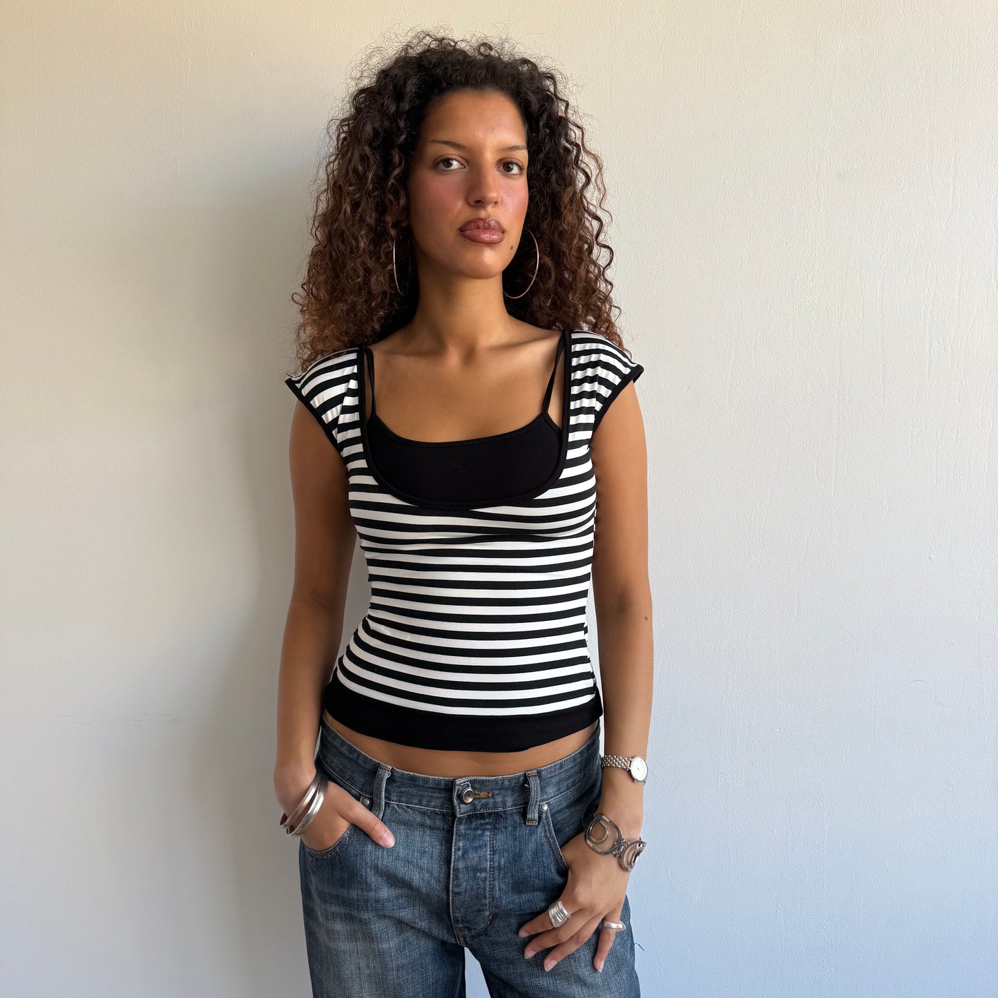 Black + white striped bardot top - Size S