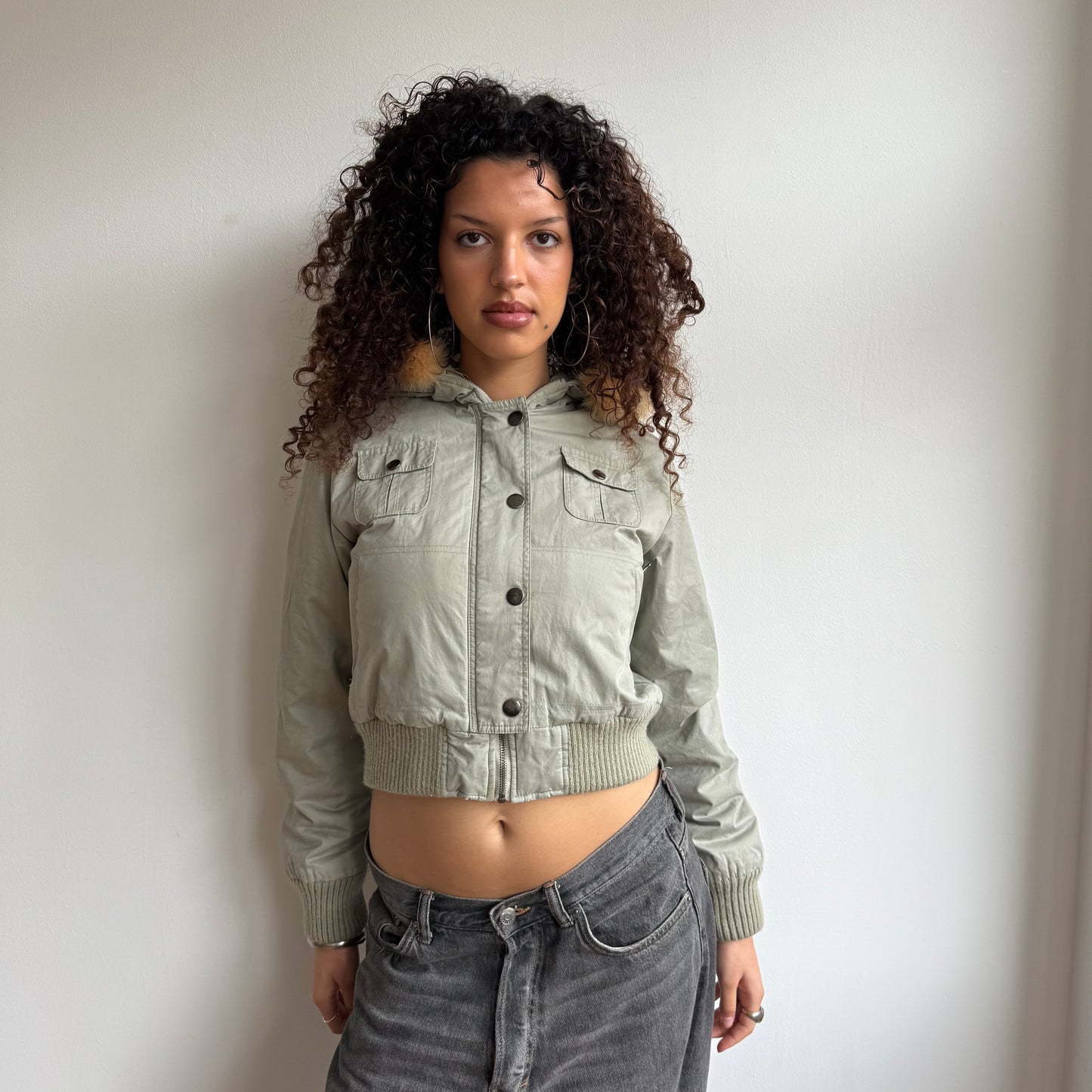 Khaki puffer fur hood - Size S