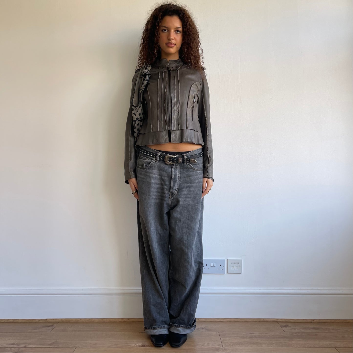 Grey leather moto jacket - Size S