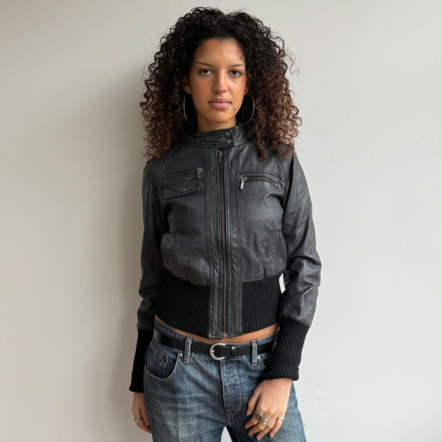 Charcoal leather bomber jacket - Size S/M