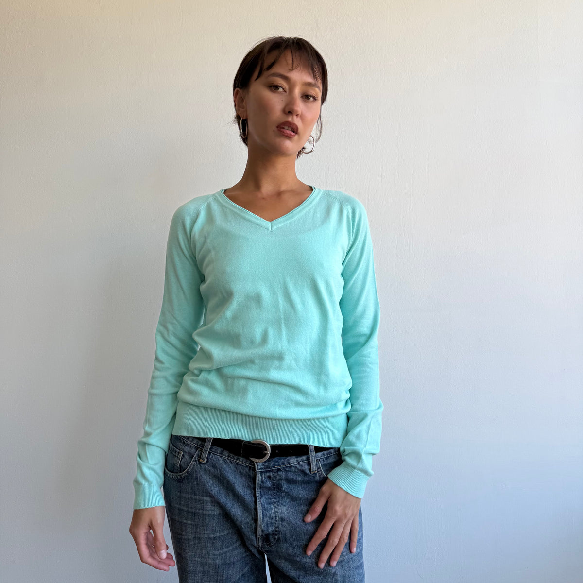 Turquoise v-neck knit jumper - Size M