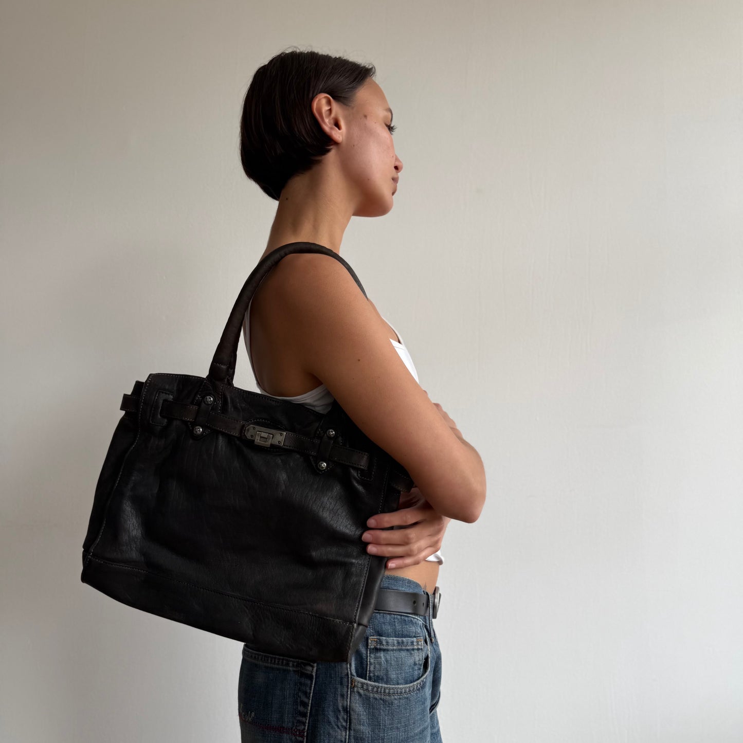 Brown mini leather ‘firkin’ bag - One Size