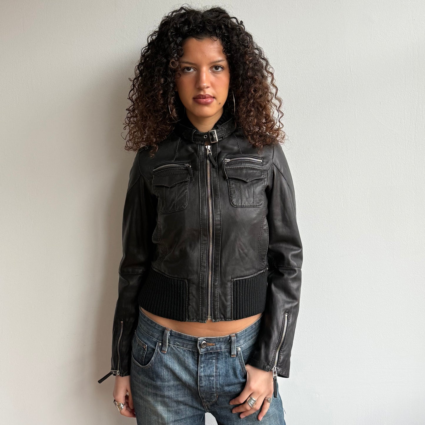 Black buckle neck leather jacket - Size S + S/M