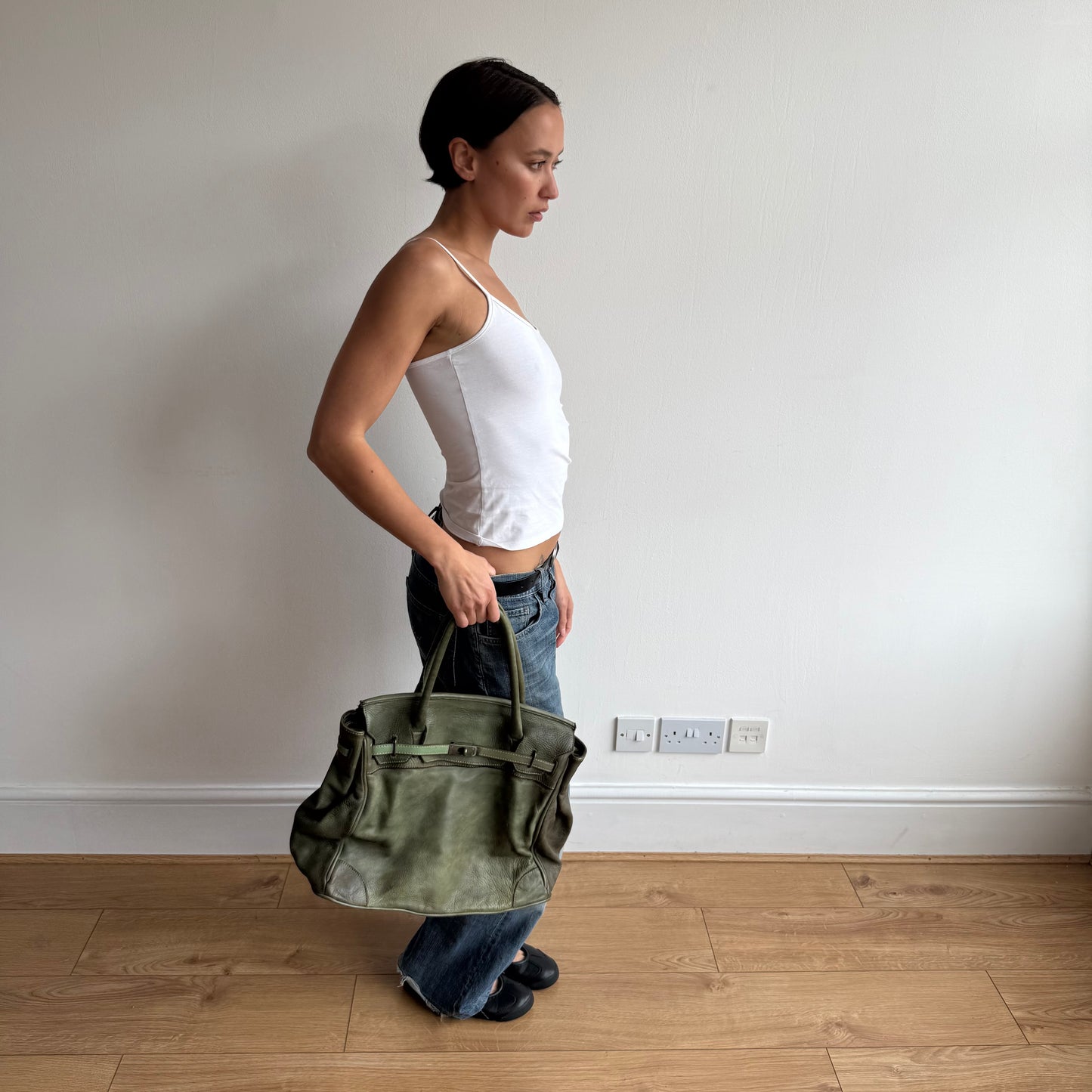 Moss green leather ‘firkin’ bag - One Size