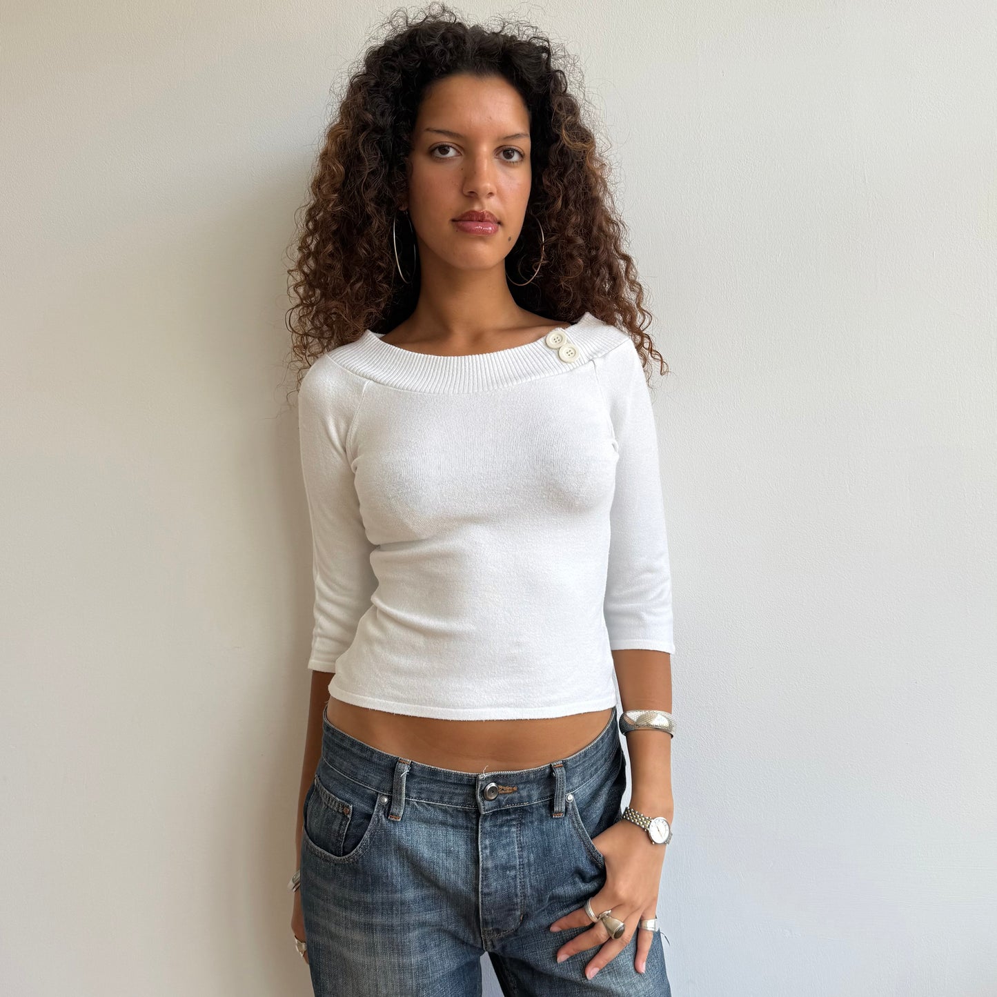 White 3/4 sleeve button knit -Size S