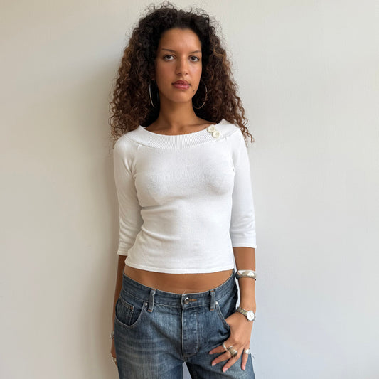 White 3/4 sleeve button knit -Size S