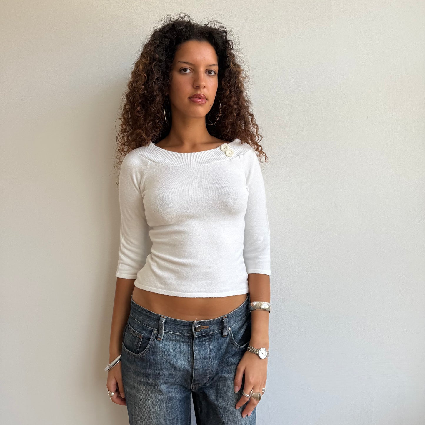 White 3/4 sleeve button knit -Size S