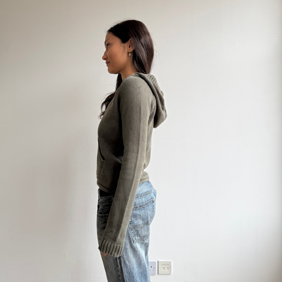 Khaki v-neck knit hoodie - Size S-M