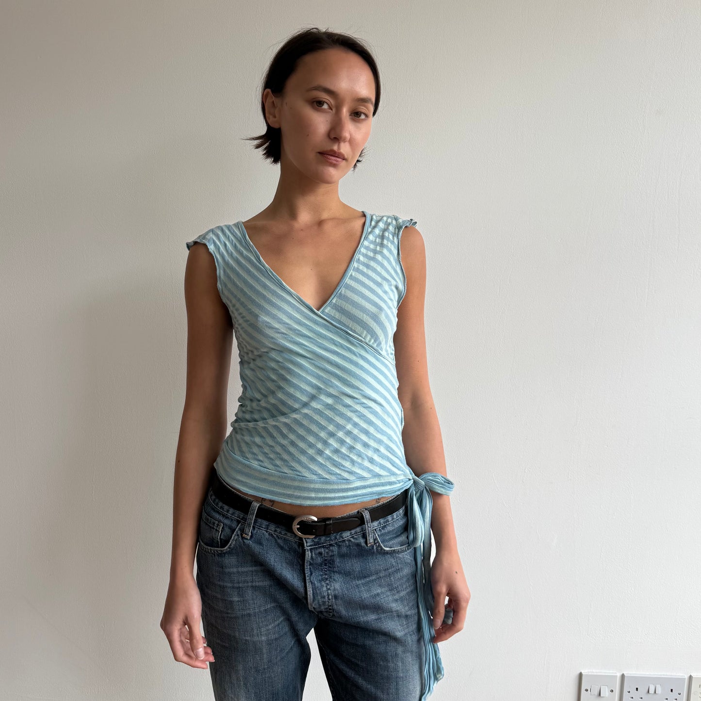 Teal striped ballet wrap top - Size M