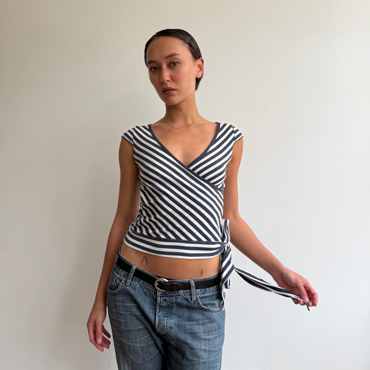 Navy + white stripe wrap top - Size S