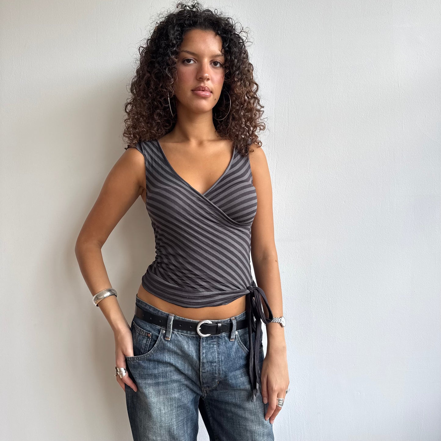 Black + grey stripe wrap top - Size S