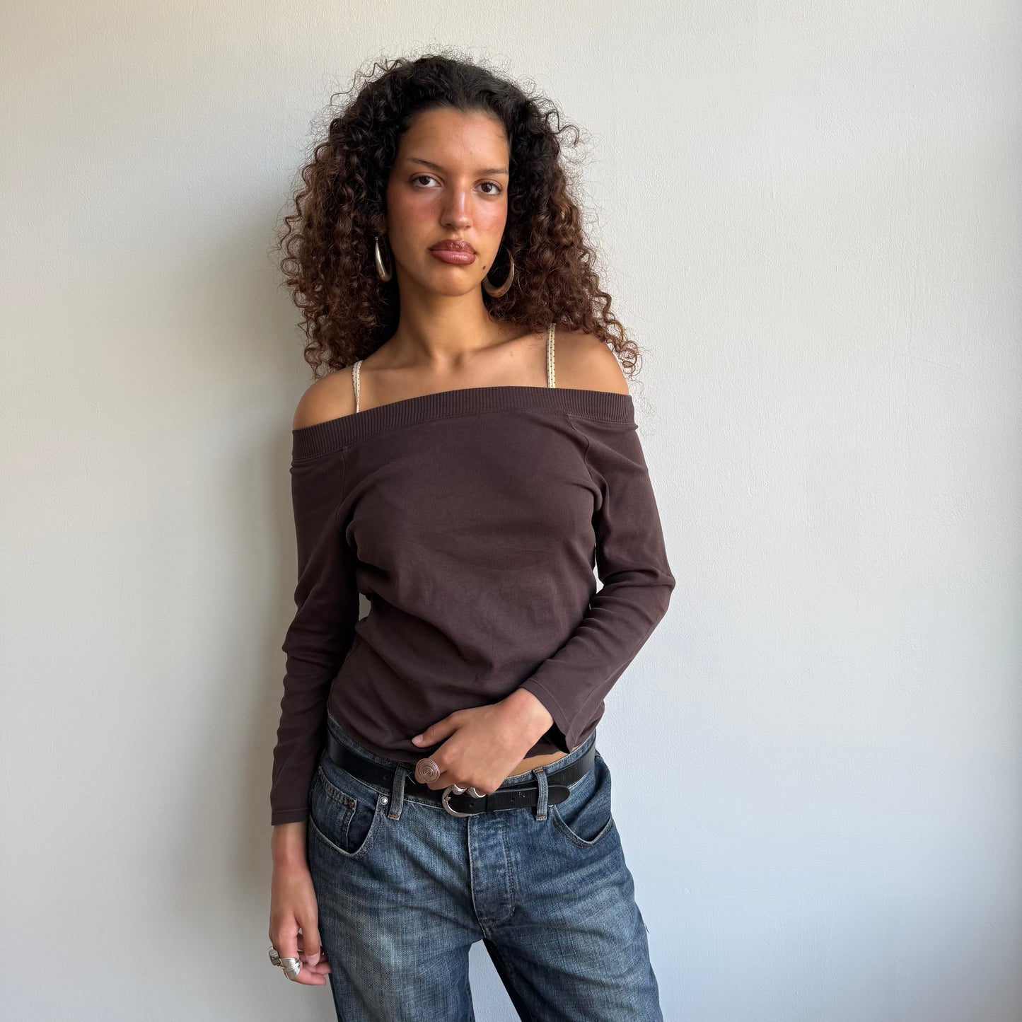 Brown bardot 3/4 sleeve top - Size S