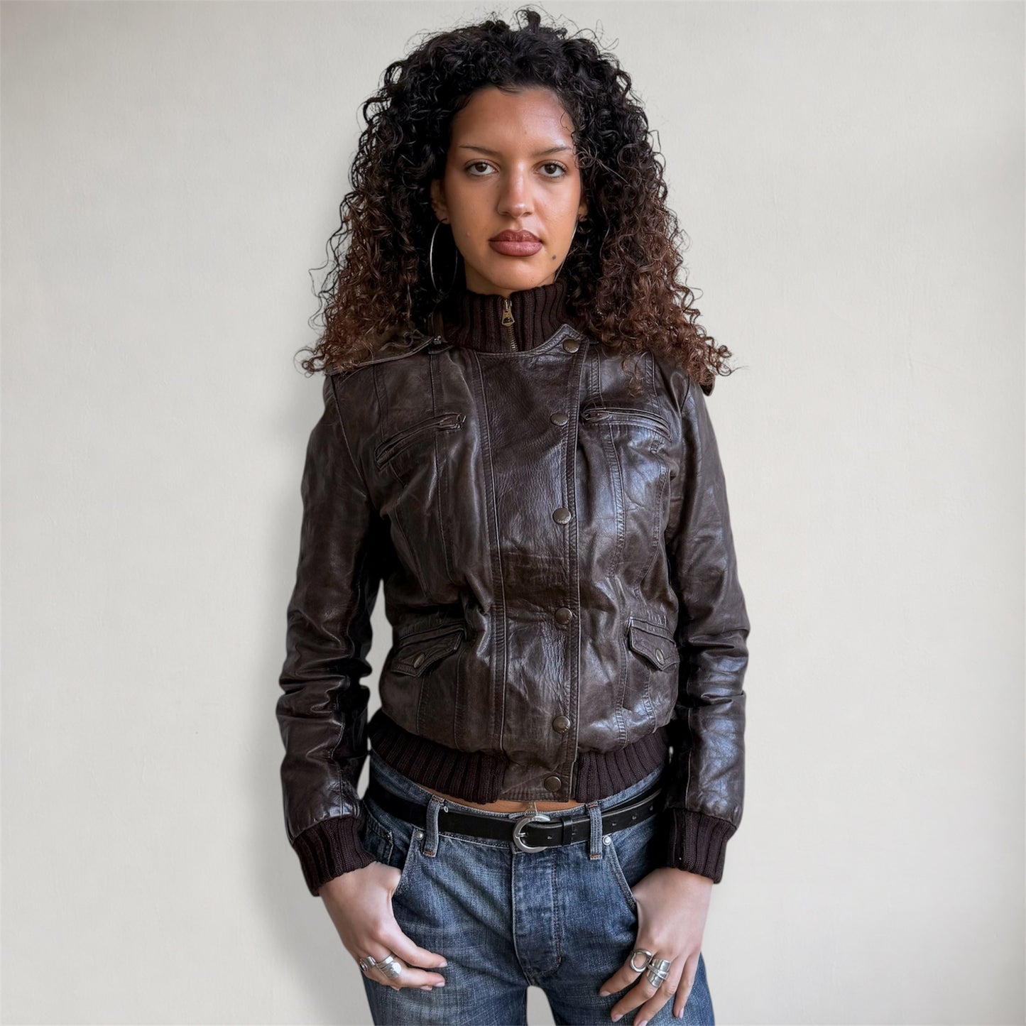 Brown leather fur hood jacket - Size M