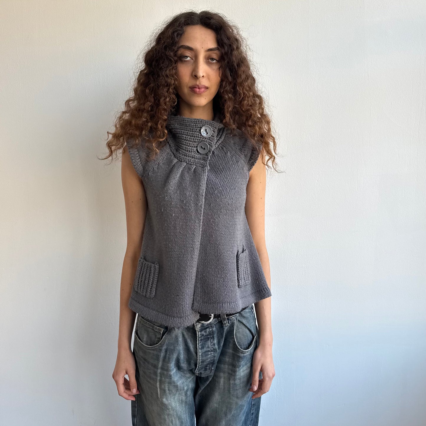 Grey button neck open front cardi - Size S
