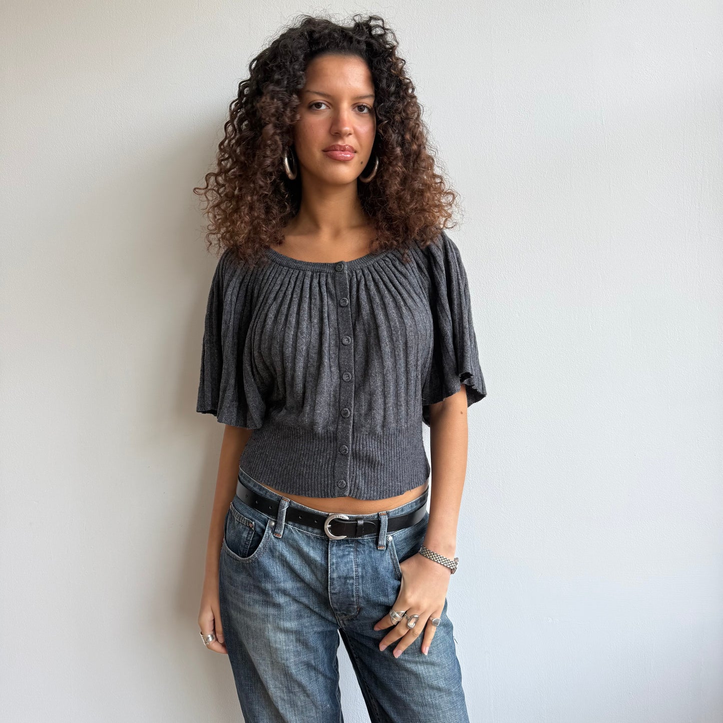 Dark grey button batwing knit - Size S/M
